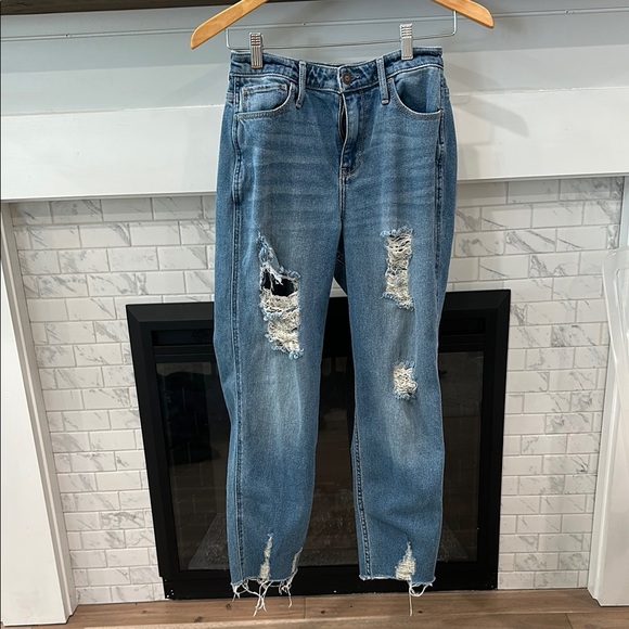 Hollister Denim - Hollister ultra high rise mom Jean vintage stretch Distressed Blue Jeans